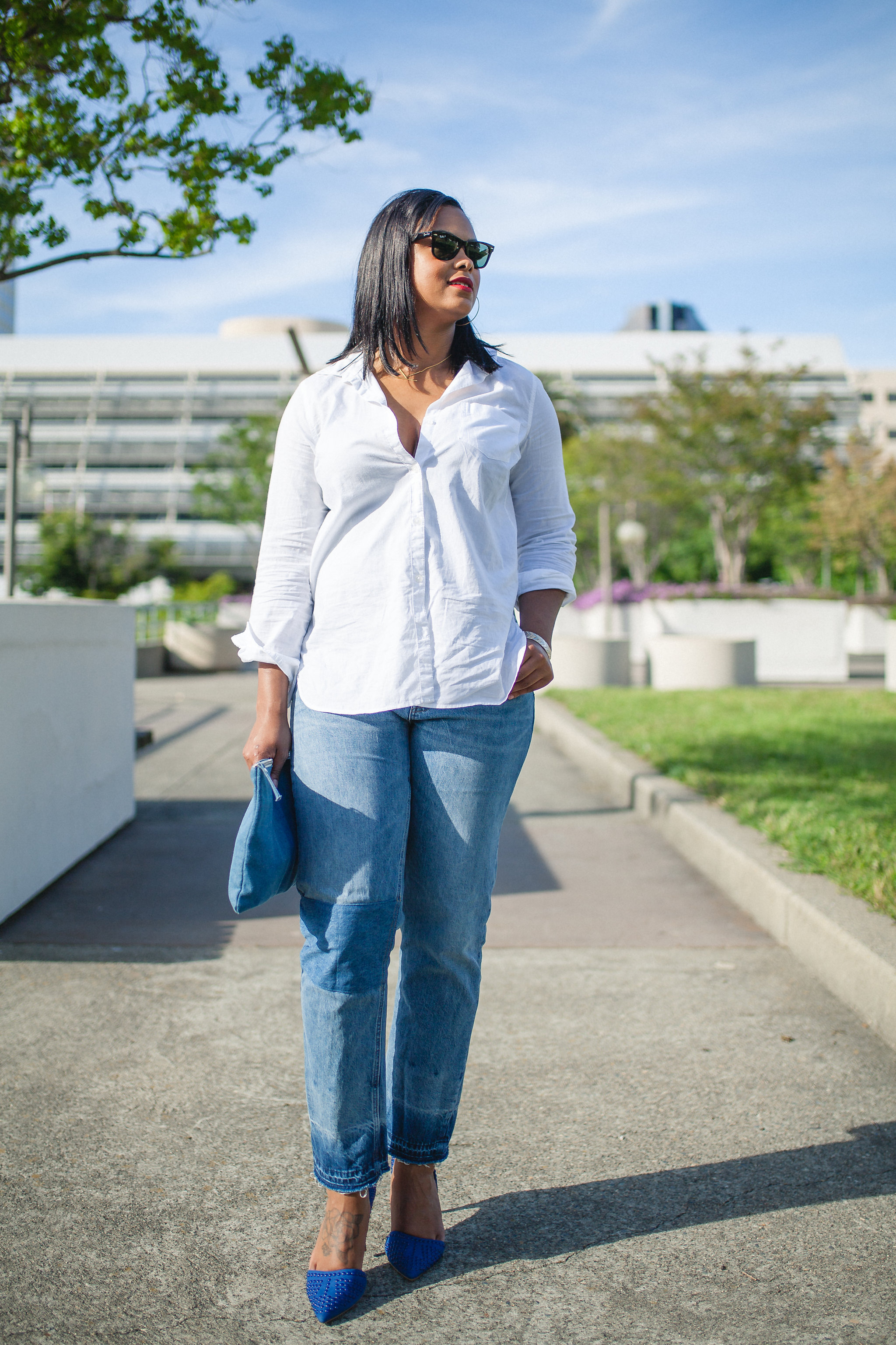 classic white shirt and midrise vintage jeans